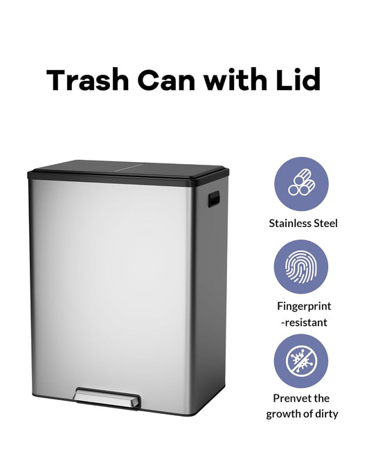 Garvee Dual Trash Can for Recycling and Trash, Stainless Steel Kitchen Trash Can with Lid and Foot Pedal, Double Compartment Garbage Can, with Recycling Bin