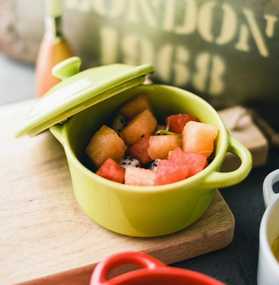 7 OZ Mini Ceramic Candy Bowl Small Candy Dish with Lid Cute Ceramic Bowl for Baking,Dessert,Snack,Fruit,Yogurt,Ice Cream,Cereal,Dipping,Side Dishes,Microwave Freezer Safe(green)