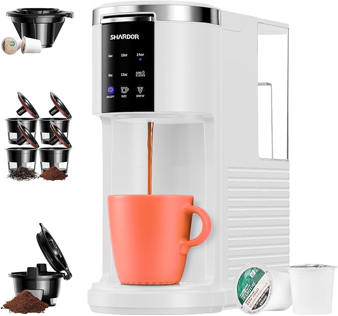 SHARDOR 3 in 1 Single Serve Coffee Machine, K Cup Coffee Maker Compatible with Ground Coffee & Teas, 6 to 14oz Brew Sizes, 40oz Removable Water Tank, Descale Settings, White