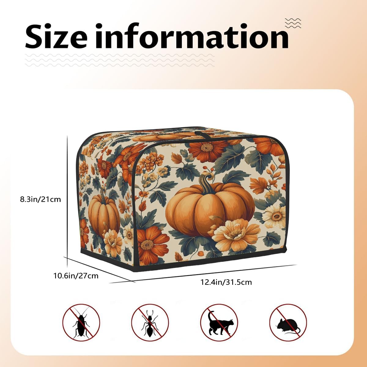 2 Slice Autumn Toaster Cover,Thanksgiving Pumpkin Fall Boho Floral Small Kitchen Appliance Bread Machine Cover with Pockets,Dust & Fingerprint Protection