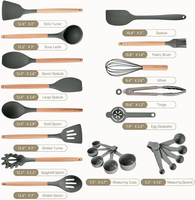 Kitchen Utensils Set - 34 PCS Non-Stick Silicone Cooking Utensils Set with Wooden Handle,Kitchen Gadgets Tools Set for Nonstick Cookware (Gray-34P)