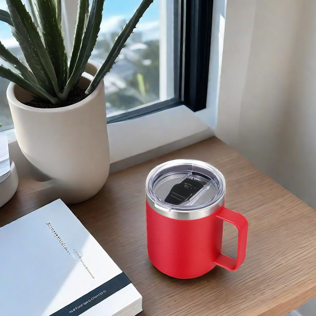 Volhoply 14oz Insulated Stainless Steel Coffee Mug with Lid Bulk 8 Pack,Double Wall Vacuum Travel Coffee Cup with Handle,Reusable Metal Cups Tumbler,Camping Mugs Keep Hot,Ideal Gifts(Red,8)