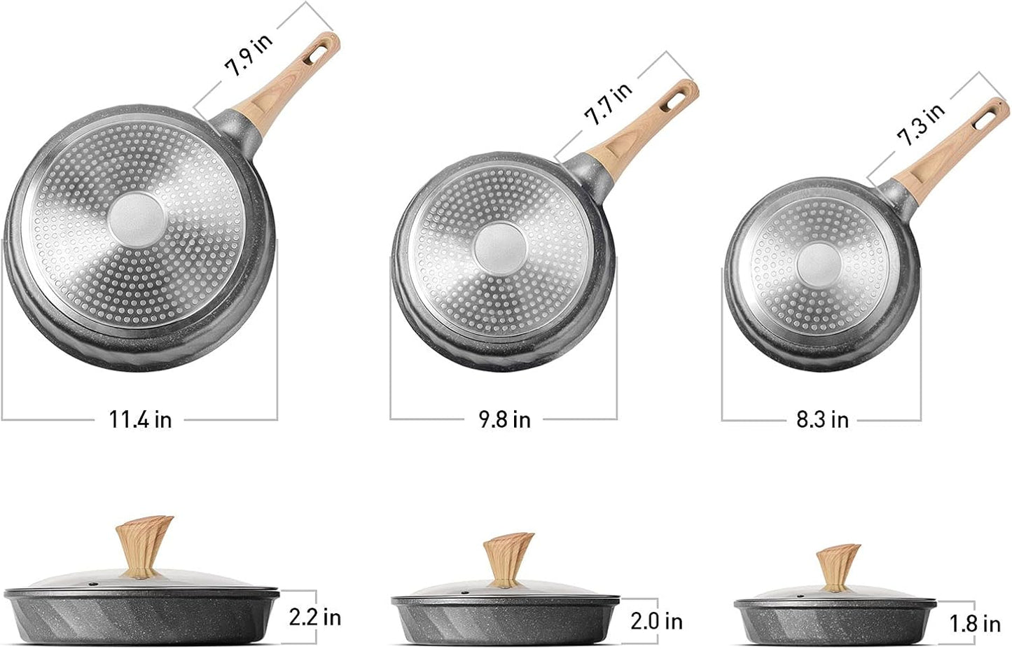 Non Stick Frying Pan Set - Stone Skillet Set, Kitchen Omelette Pans, Induction Chef' Pan Grainte Cookware Set, Nonstick Frying Pans with Lid(8inch&9.5inch&11inch)