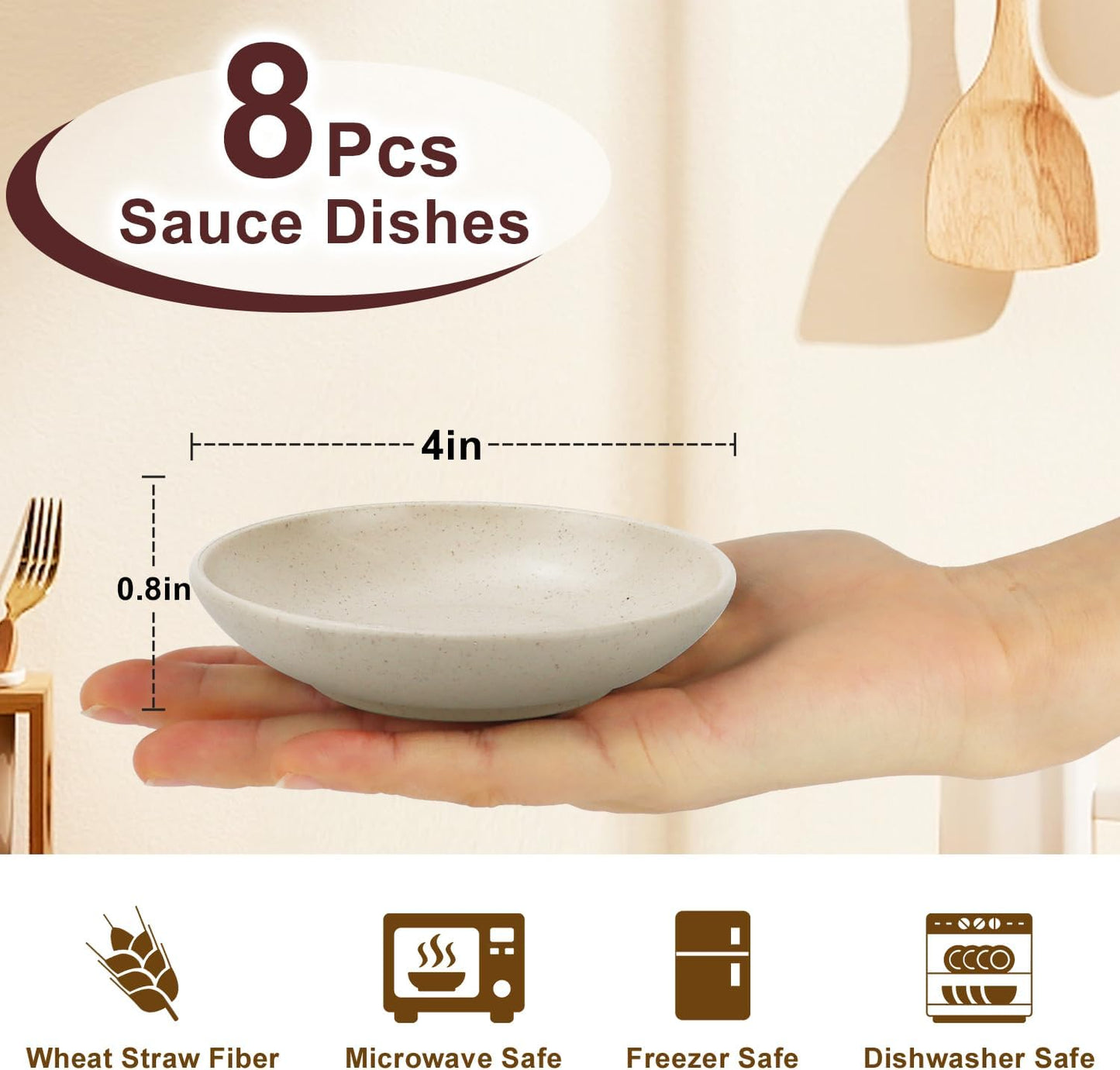 4 Inch Wheat Straw Plates 8 Pieces, Lightweight and Unbreakable Dipping Bowls, Small Soy Sauce Dishes, Small Serving Bowls for Side Dishes, Condiment, Appetizer (Beige)