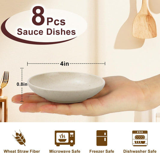 4 Inch Wheat Straw Plates 8 Pieces, Lightweight and Unbreakable Dipping Bowls, Small Soy Sauce Dishes, Small Serving Bowls for Side Dishes, Condiment, Appetizer (Beige)