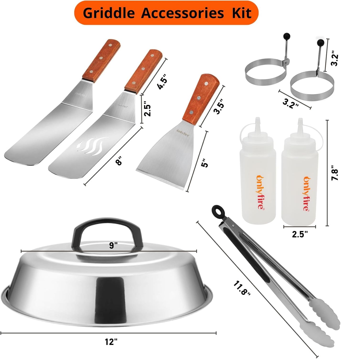 Onlyfire Griddle Accessories Kit, 9PCS Flat Top Grill Accessories Set for Blackstone and Camp Chef, 12" Melting Dome,Grill BBQ Spatulas,Chopper/Scraper, Tongs,Great for Cooking Indoor or Outdoor