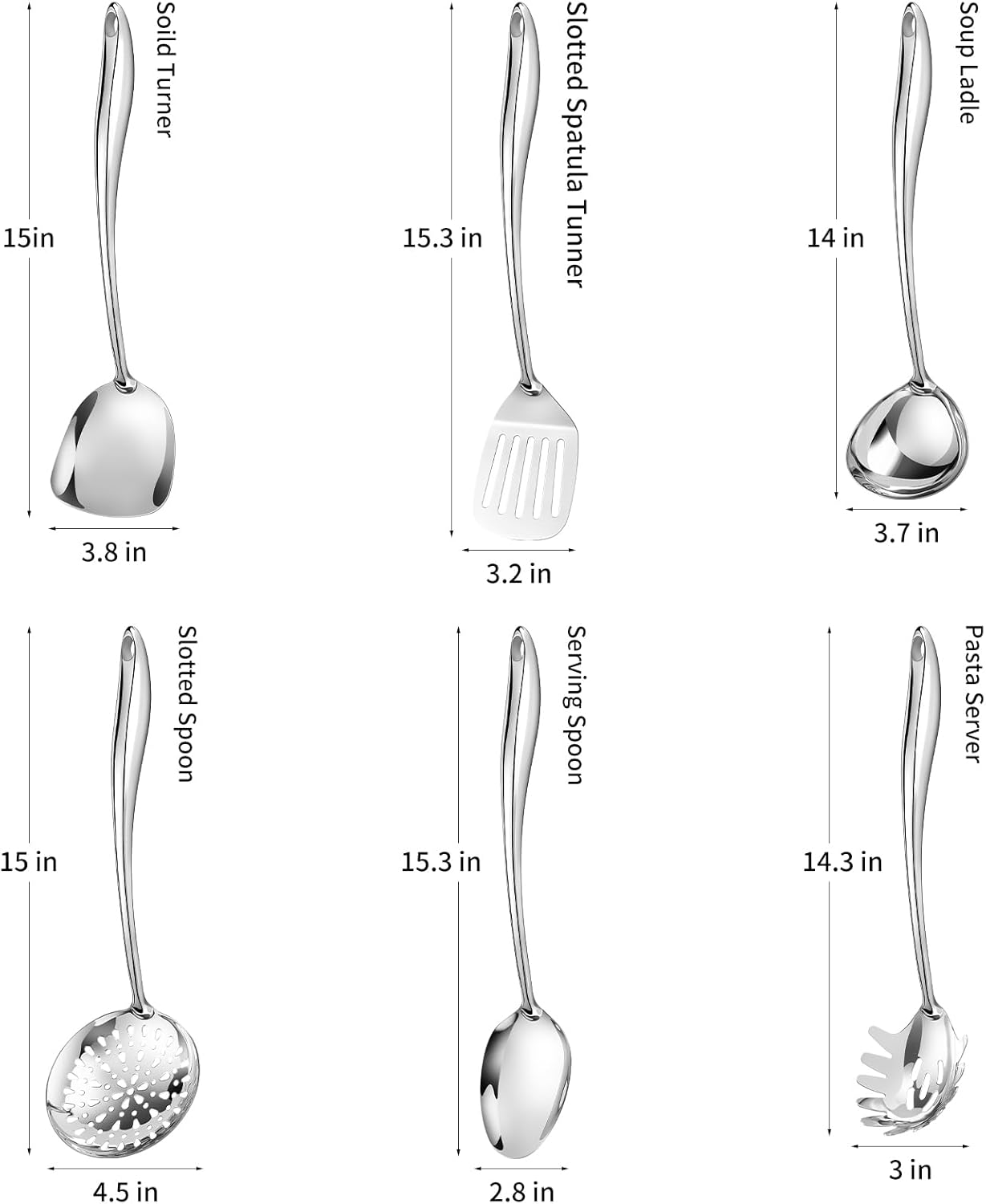 304 Stainless Steel Cooking Utensils Set,6 Pcs Long Metal Kitchen Utensils Set with Spatula, Solid Spoon, Ladle, Skimmer, Spaghetti Spoon,Dishwasher Safe