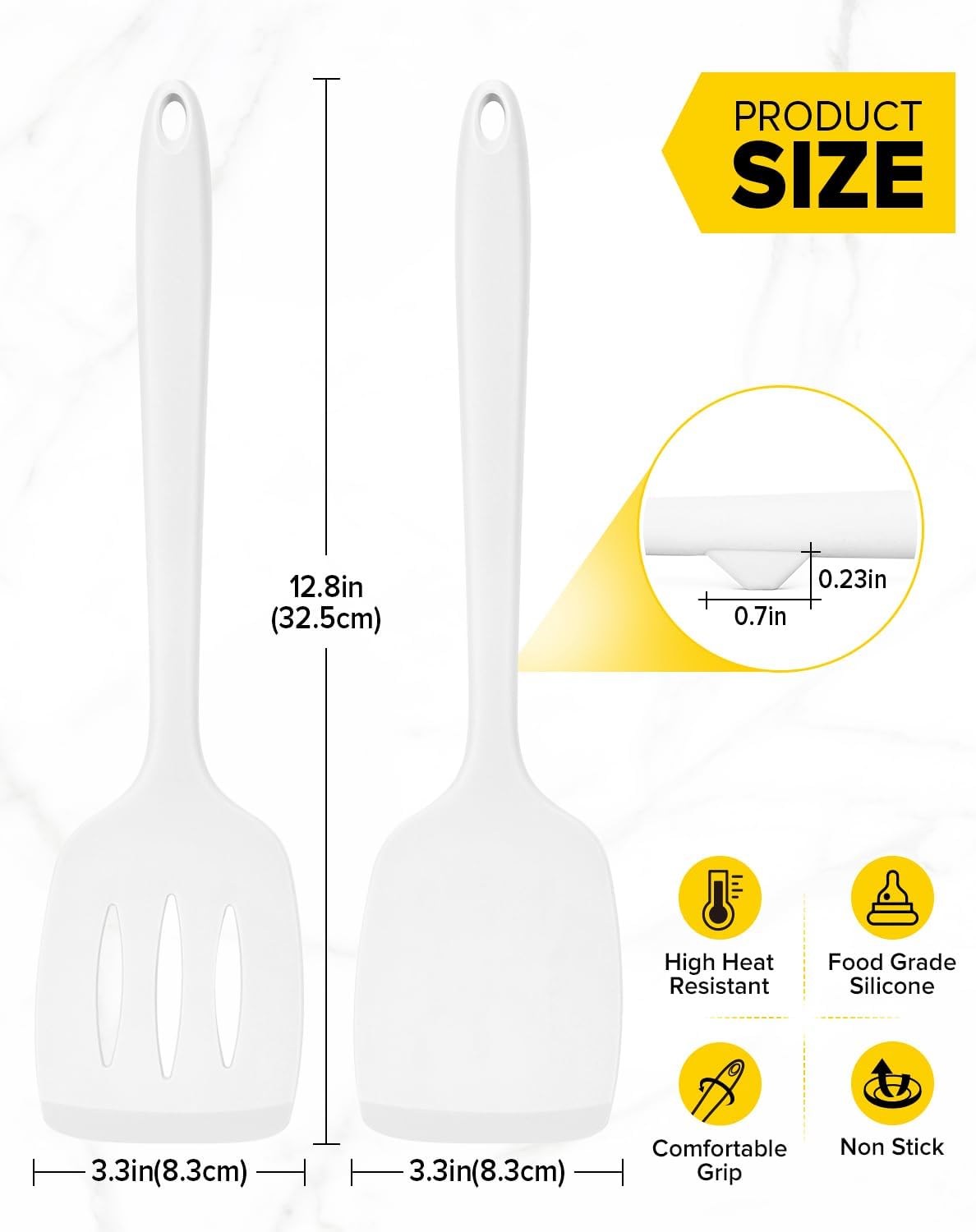Pack of 2 Silicone Spatula Turners, Non Stick Slotted Kitchen Spatula Set, Heat Resistant BPA Free Kitchen Utensils, One-Piece Design, Suitable for Flipping Fish, Eggs, Steak, Pancakes (WHITE)