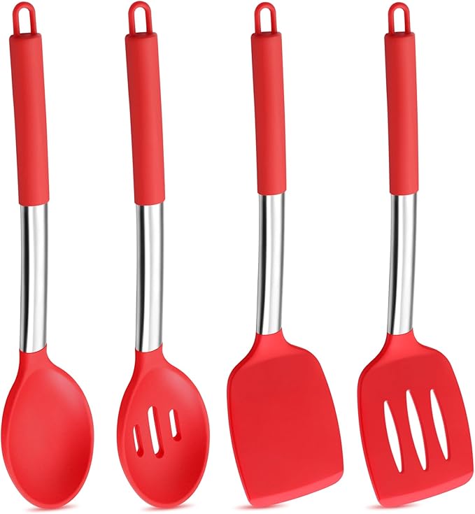 P&P CHEF Red Kitchen Cooking Utensil Set of 4, Silicone Solid Spatulas Slotted Spoons Turners for Non-stick Cookware Flipping Mixing, Heat-proof