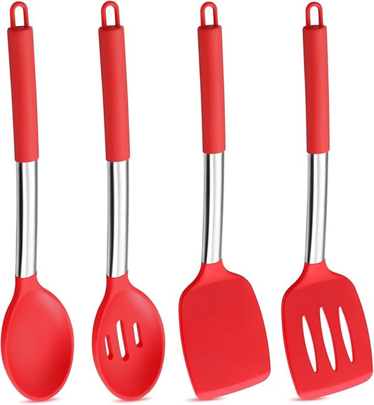 P&P CHEF Red Kitchen Cooking Utensil Set of 4, Silicone Solid Spatulas Slotted Spoons Turners for Non-stick Cookware Flipping Mixing, Heat-proof