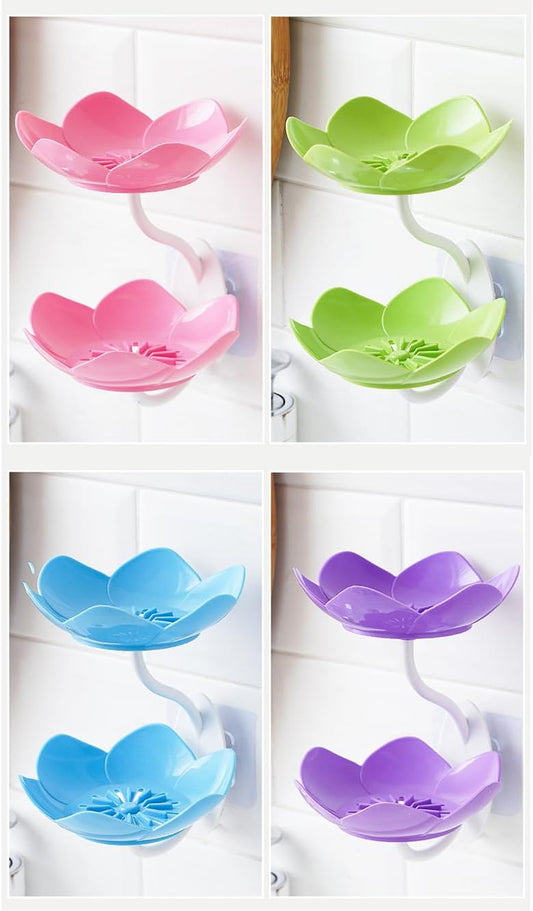 4 Pack Soap Dish Holder for Shower Bar Double Layer Cute Lotus Shape Adhesive Tray Sink Wall Mounted Shampoo NO-Drilling Self Draining Hanging Saver Rack Plastic Bathroom Bathtub Kitchen