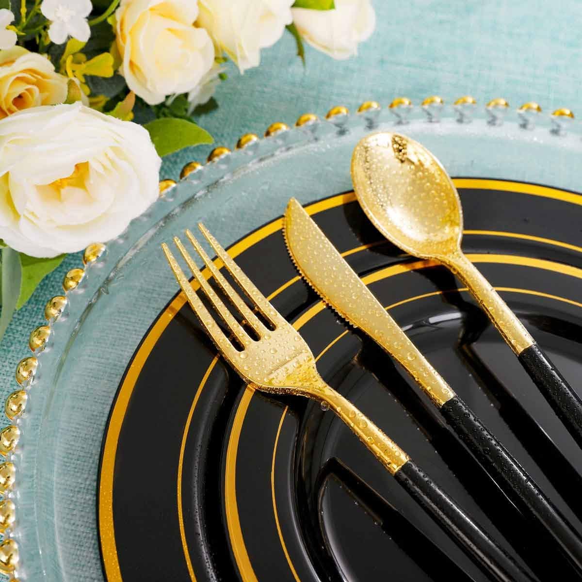 Rubtlamp 96 Pcs Gold Disposable Silverware, Plastic Cutlery, Gold Utensils Plastic with Black Handle Include 32Forks, 32Spoons, 32Knives for Party
