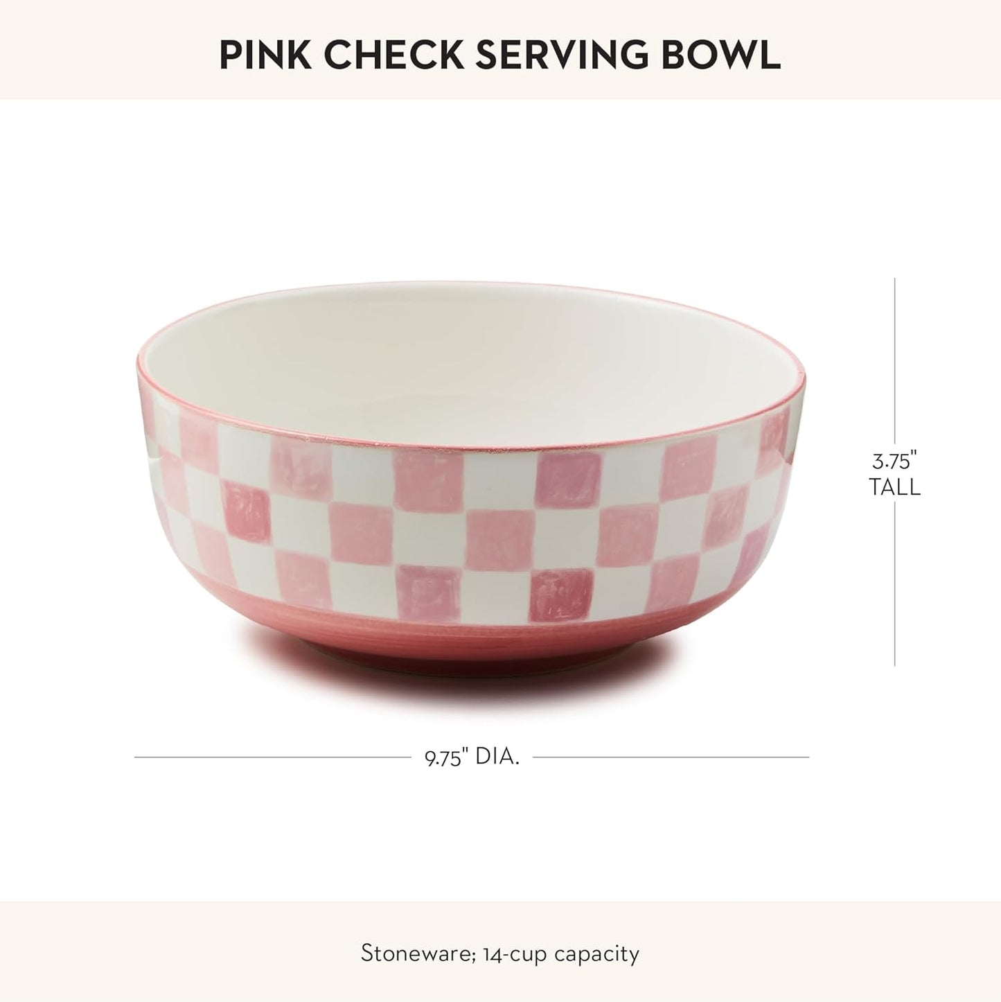 MACKENZIE-CHILDS Stoneware Serving Bowl, Large Decorative Bowl, 14-Cup Capacity, Pink Check