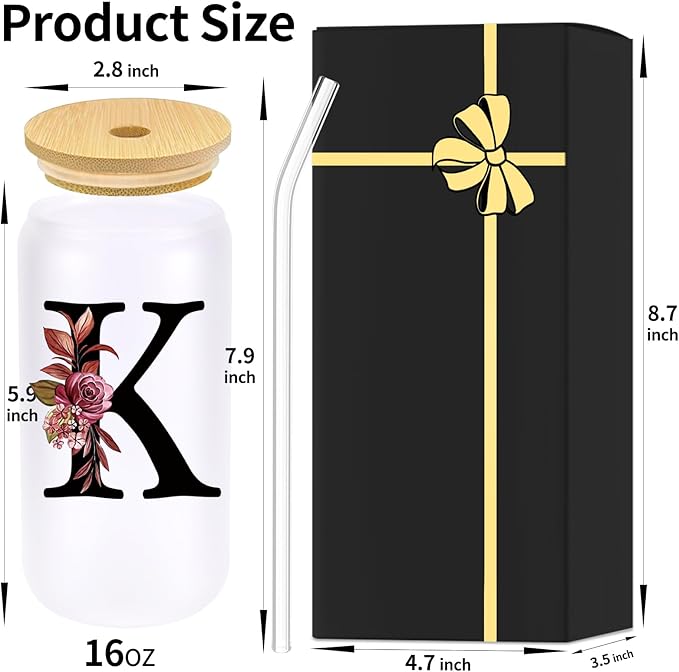 Monogrammed Glass Drinking Cup With Lid Straw Mother Day Best Mama Mom Ever from Daughter Son Christmas Xmas Valentines Birthday Groom Gifts Bride Mother In Law Personalized Unique Special Present,K