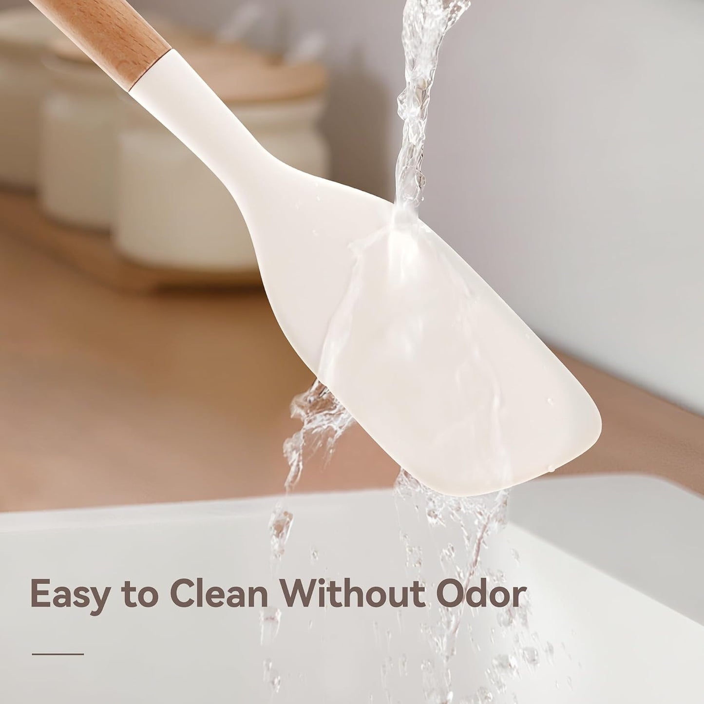 Kitchen Utensils Set, Large Non-stick Silicone cooking utensils set 6 Pcs, Wooden Handle Heat Resistance Silicone Spatula Soup Ladle Pasta Server Kitchen Gadgets Utensils Set BPA Free (White)