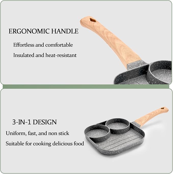 JUSTUP Nonstick Egg Frying Pan, Mini 3-in-1 Nonstick Pan Divided Grill Frying Pan, Heat Resistant Handle 3 Section Skillet Mini Pancake Pan, Cooking Pan for Breakfast, Egg, Bacon and Burgers, 7.3 in