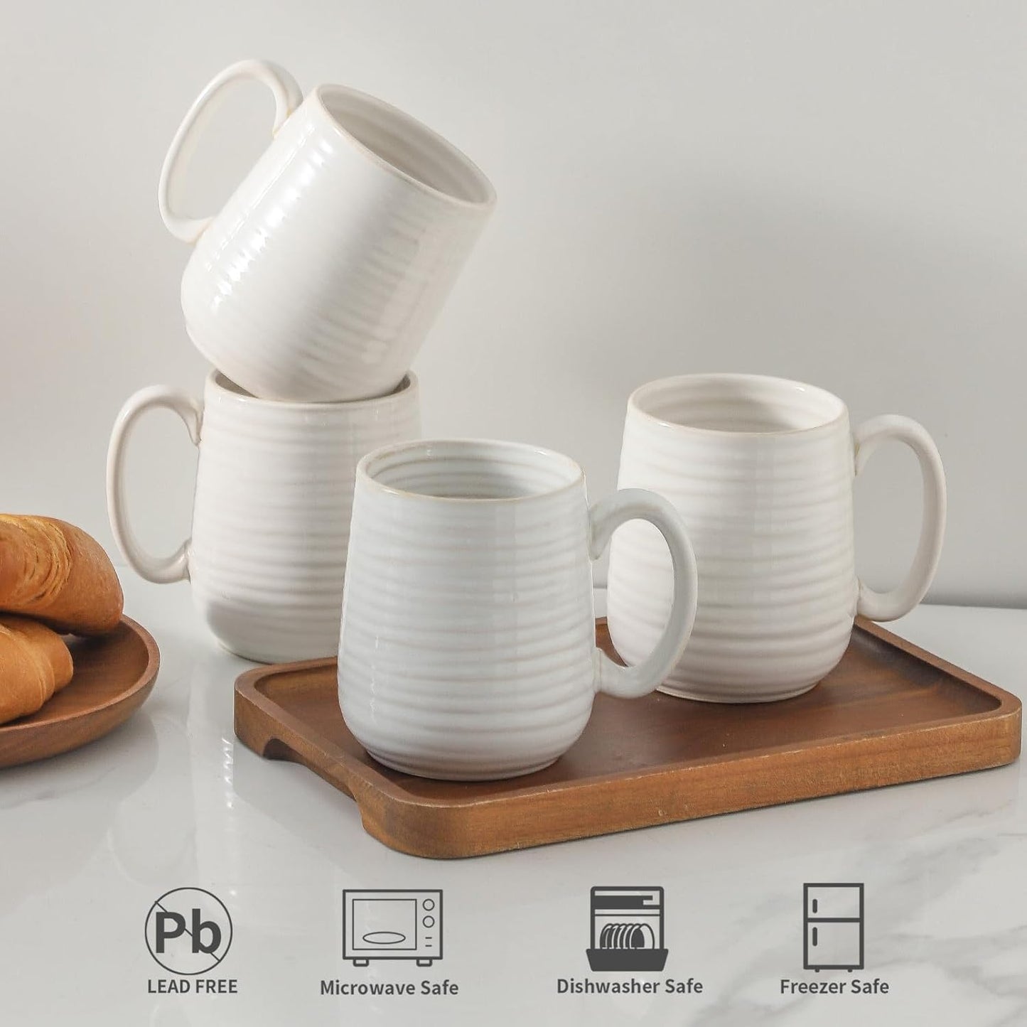 15oz Coffee Cups, Porcelain Coffee Mugs for Latte, Milk, Cappuccino, Cocoa, Tea Cups with Handle for Dad and Mom as a Gifts, Dishwasher and Microwave Safe, Set of 6, White