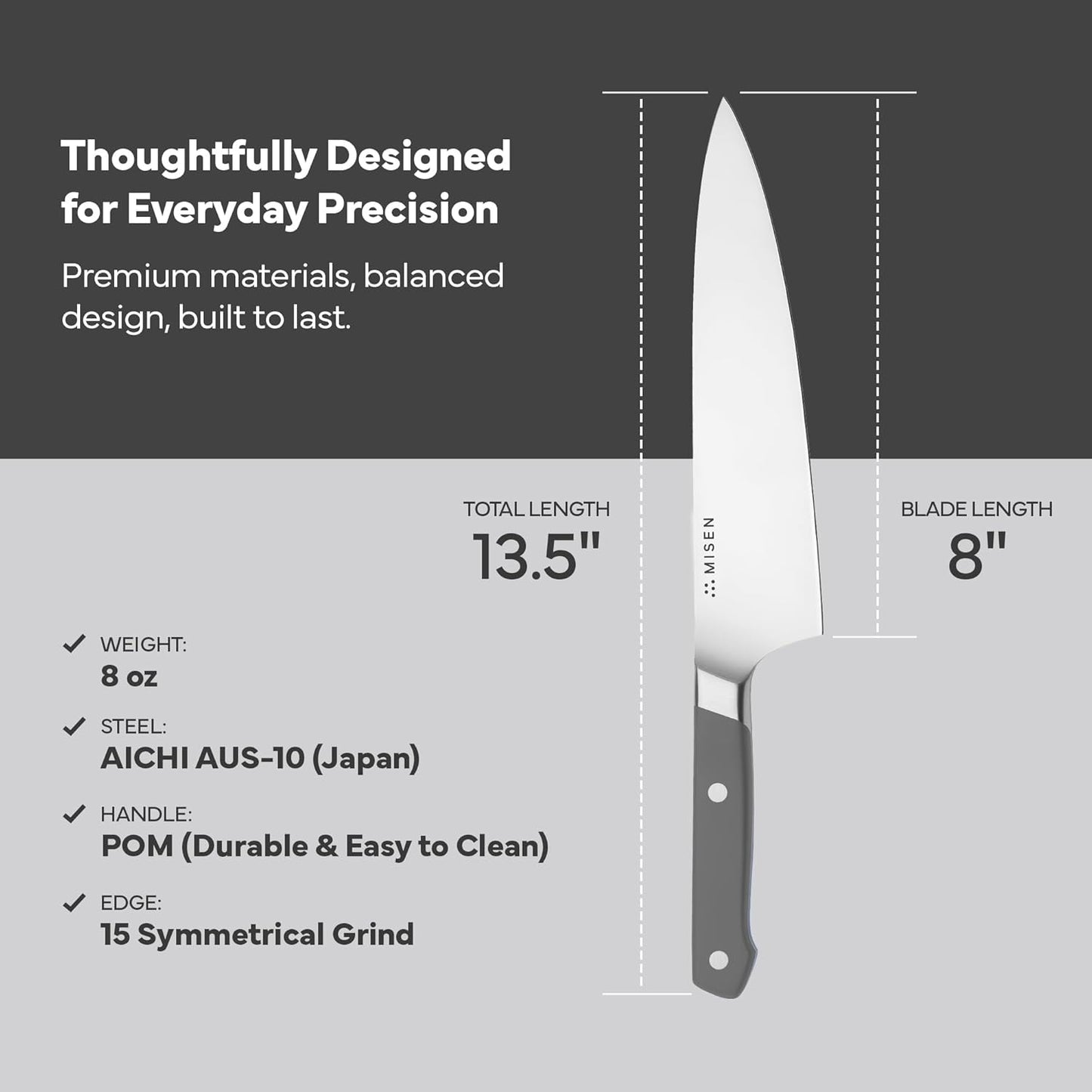 Misen 8" Chef Knife – High Carbon Japanese AUS-10 Stainless Steel – Hybrid German & Japanese Blade – Precision Kitchen Knife for Professionals & Home Cooks – Ultimate Cutting Performance - Gray