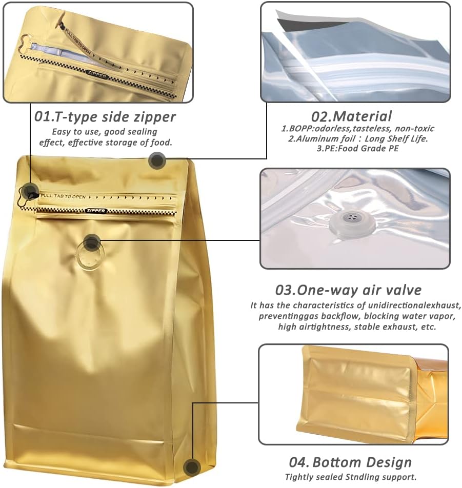 REMTAP Coffee Bags with Valve(50pcs,8oz) Golden High Barrier Aluminumed Foil Flat Bottom Standing Coffee Beans Storage Bags,Reusable Heat Sealable Side Zipper Pouches for Home or Store