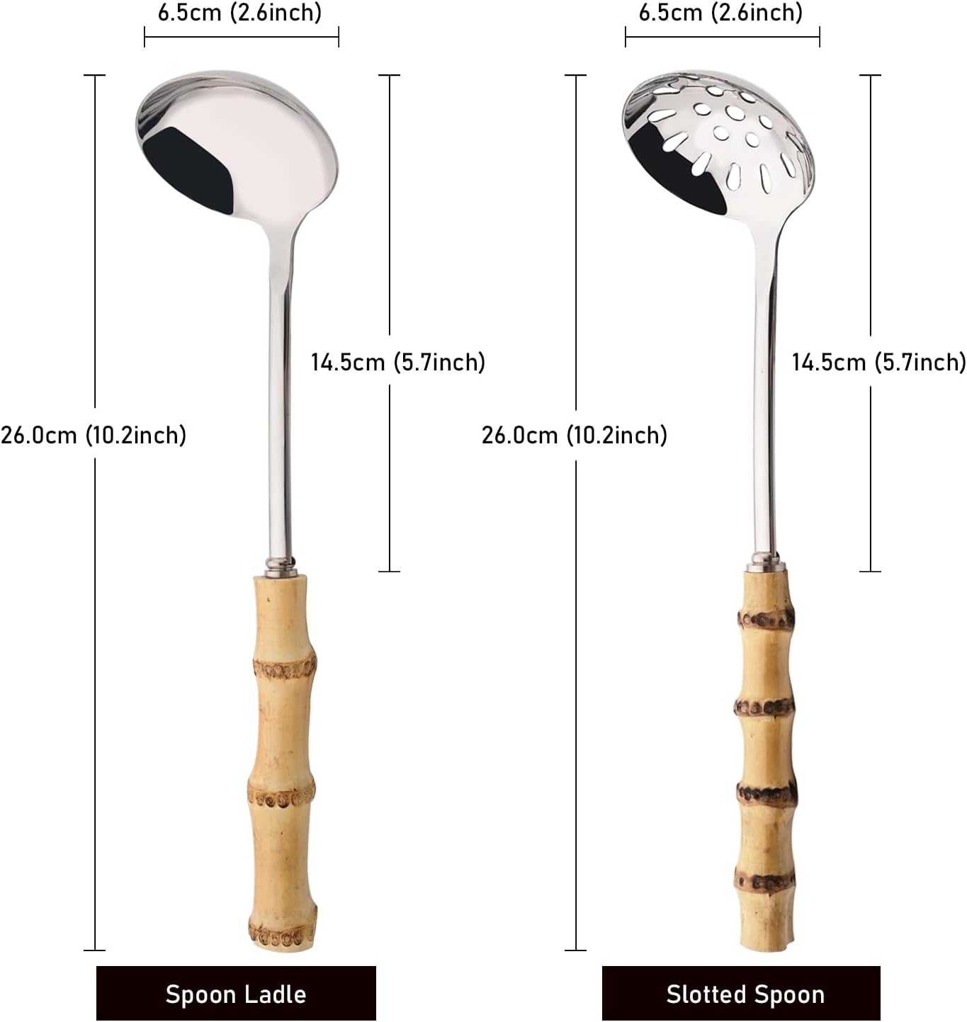 Soup Ladle and Slotted Spoon Set, 304 Stainless Steel Serving Utensils with Natural Bamboo Handle, Soup Spoons For Serving Gravy Hot Pot Or Restaurant, 10.2 Inch, 4 PCS / 2 of Each