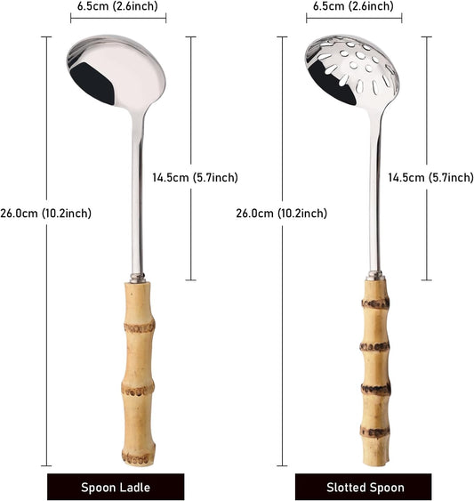 Soup Ladle and Slotted Spoon Set, 304 Stainless Steel Serving Utensils with Natural Bamboo Handle, Soup Spoons For Serving Gravy Hot Pot Or Restaurant, 10.2 Inch, 4 PCS / 2 of Each