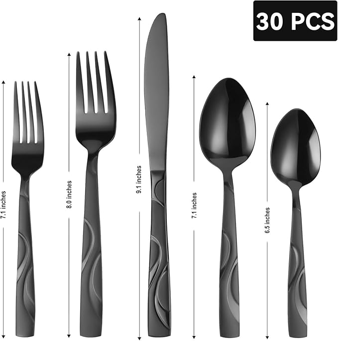 Black Silverware Set, 30 Pieces Stainless Steel Flatware Utensils, Cutlery Set Service for 6 Including Fork Spoon and Knife, Dishwasher Safe