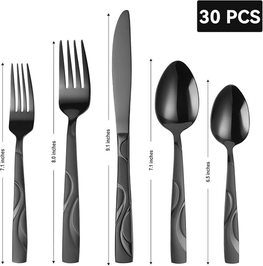 Black Silverware Set, 30 Pieces Stainless Steel Flatware Utensils, Cutlery Set Service for 6 Including Fork Spoon and Knife, Dishwasher Safe