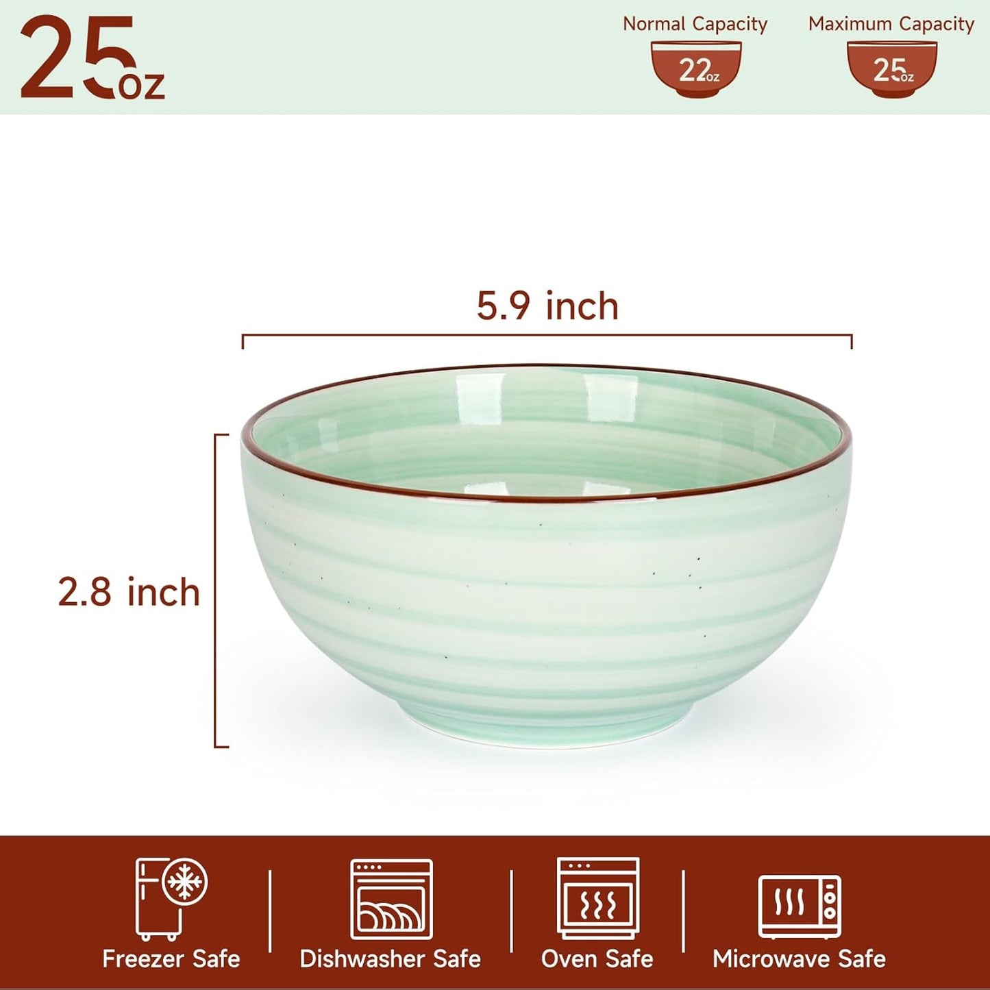KitchenTour 24 OZ Cereal Bowls Set of 6, Ceramic Soup Bowls for Kitchen, 5.9 Inch Colorful Serving Bowls for Oatmeal, Salad, Pasta, Dessert - Microwave & Dishwasher Safe, Assorted Warm Colors