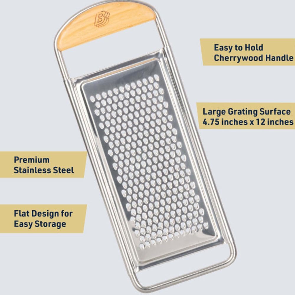 Cheese Grater Handheld - Stainless Steel Flat Food Grater with Cherrywood Handle - Fine Shredder Kitchen for Hard Cheese, Spices, and Zesting - Italian Made Kitchen Gadgets by Kings County Tools