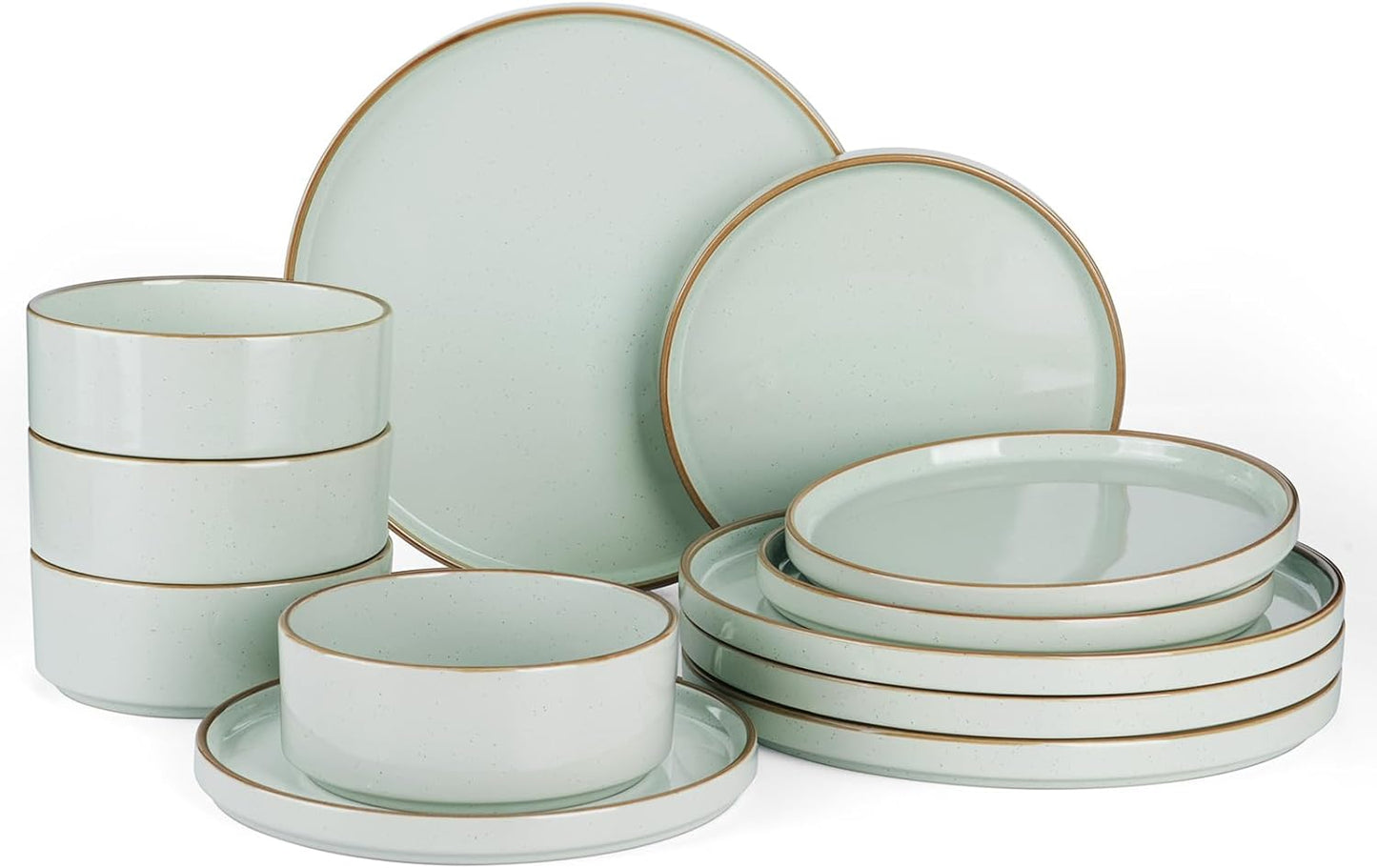 Famiware Nebula Plates and Bowls Sets for 4, 12 Pieces Stoneware Dinnerware Set, Microwave and Dishwasher Safe Dishes Set, Light Green with Brown Rim
