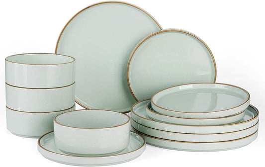 Famiware Nebula Plates and Bowls Sets for 4, 12 Pieces Stoneware Dinnerware Set, Microwave and Dishwasher Safe Dishes Set, Light Green with Brown Rim