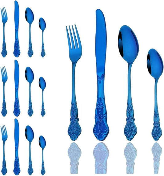 JASHII 24-Piece Blue Cutlery Set Silverware Set, Mirror Polished, Stainless Steel Flatware Cutlery Eating Utensils Service for 6, Unique Elegant Pattern, Dishwasher Safe (Blue)