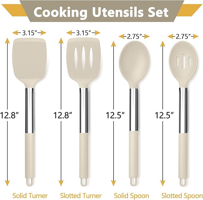 P&P CHEF Khaki Kitchen Cooking Utensil Set of 4, Silicone Solid Spatulas Slotted Spoons Turners for Non-stick Cookware Flipping Mixing, Heat-proof