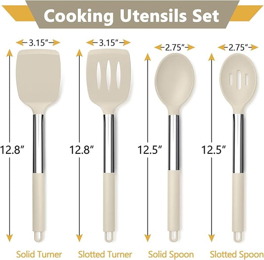 P&P CHEF Khaki Kitchen Cooking Utensil Set of 4, Silicone Solid Spatulas Slotted Spoons Turners for Non-stick Cookware Flipping Mixing, Heat-proof