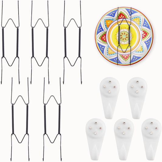 5 Pack Plate Hangers for The Wall Suitable for 9-11 inch Small Decorative Plate, Invisible Stainless Steel Plate Hangers for Display with Wall Hooks, for Plates/Platter/Dish/Picture(Black)