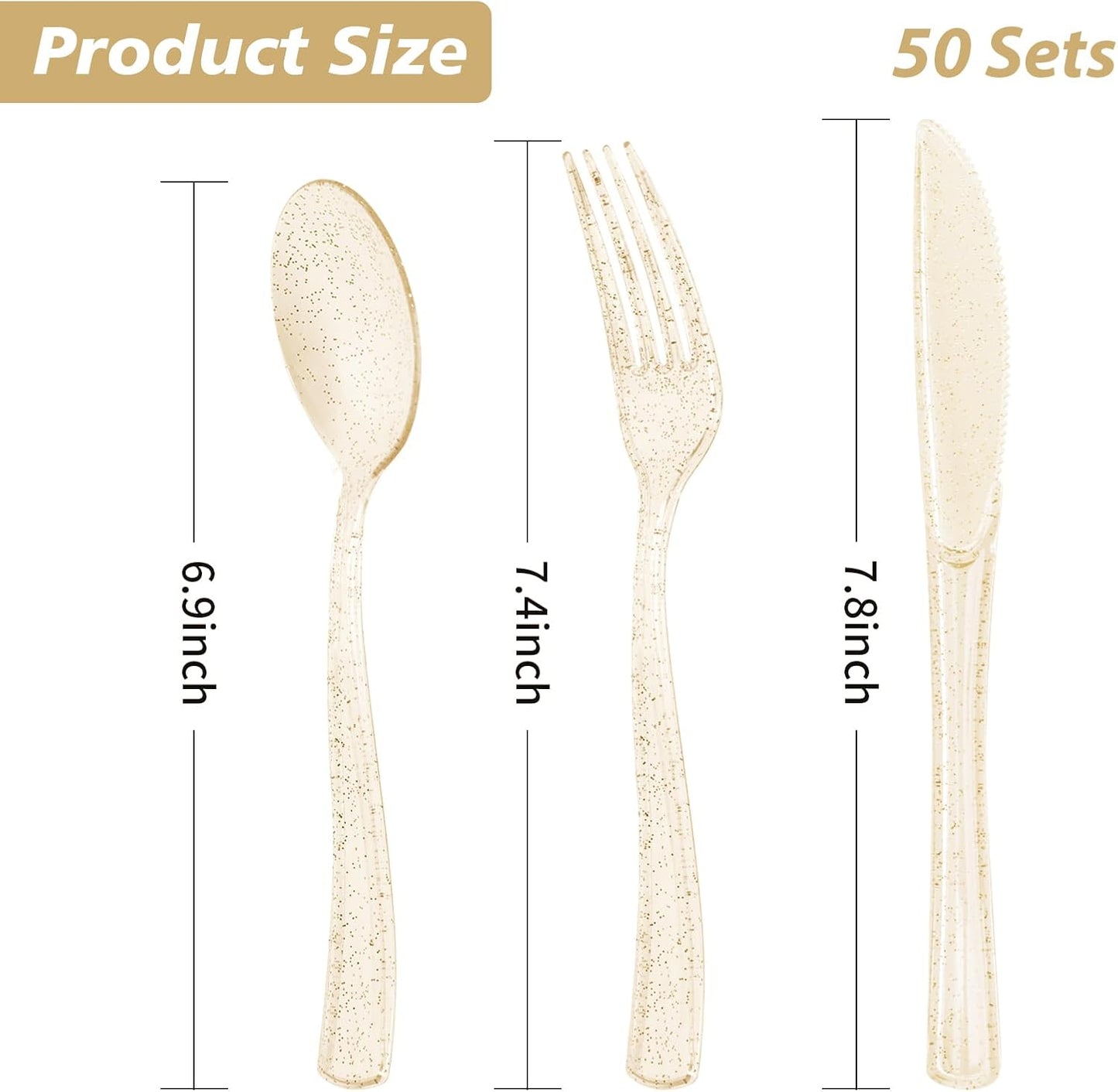 Goodluck 150PCS Gold Glitter Plastic Silverware, Glitter Utensil Disposable, Plastic Cutlery Set of 50 Forks, 50 Spoons, 50 Knives for Wedding, Party, Christmas