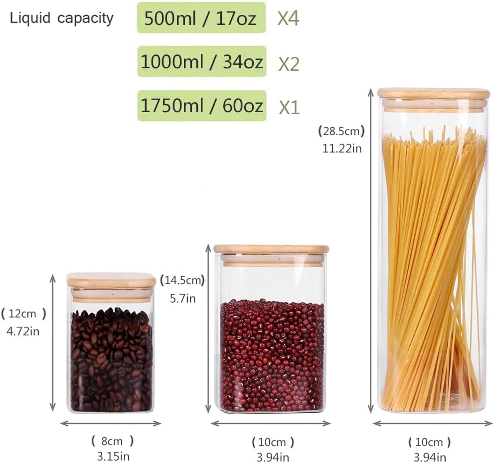 Glass Storage Canister with Wooden Lid, Set of 7 Square Glass Jars with Bamboo Lids, Glass Food Storage Containers for Pasta, Cereal, Flour, Sugar, Best for Kitchen & Pantry