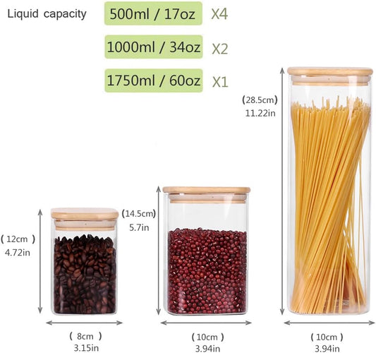 Glass Storage Canister with Wooden Lid, Set of 7 Square Glass Jars with Bamboo Lids, Glass Food Storage Containers for Pasta, Cereal, Flour, Sugar, Best for Kitchen & Pantry