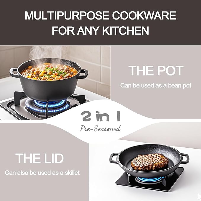 Dutch Oven Pot with Lid, 10 Inch Enameled Cast Iron Dutch Oven for Bread Baking, Camping Cookware, Perfect for Frying, Frying Steaks & Stewing Soups at Home