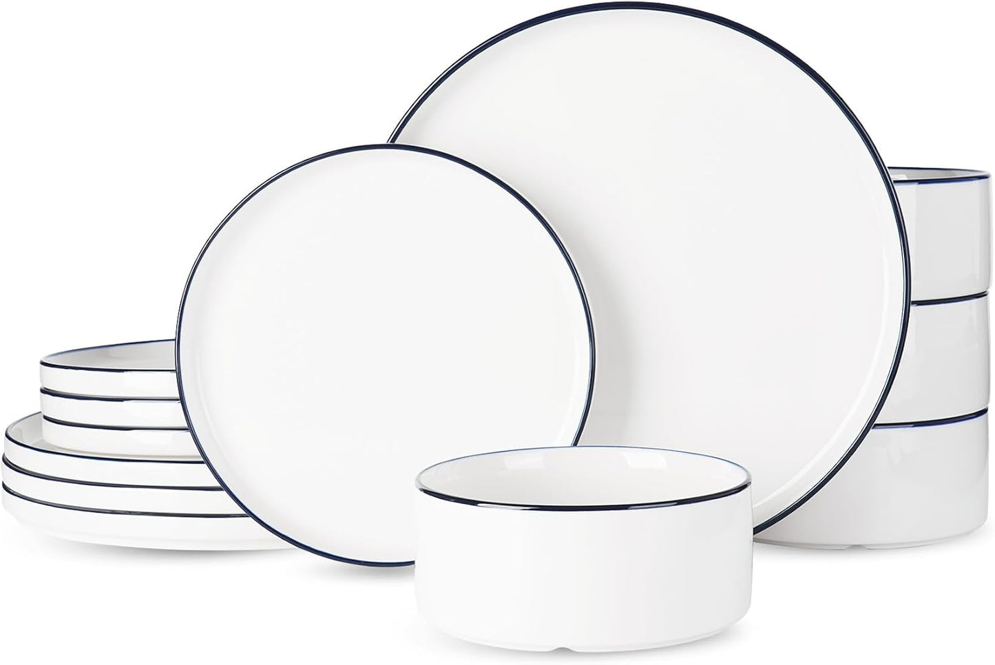 Famiware Porcelain Dinnerware Set, 12-Piece Modern Plate and Bowl Set, Dish Set for 4, Microwave and Dishwasher Safe Tableware, White with Blue Trim