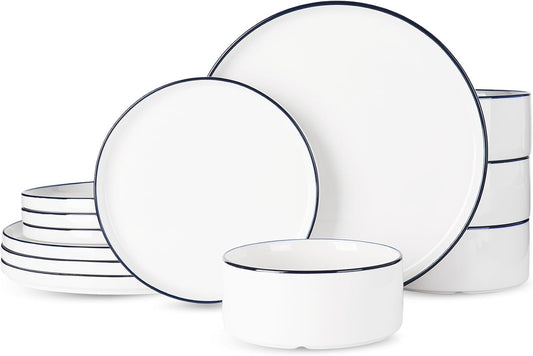 Famiware Porcelain Dinnerware Set, 12-Piece Modern Plate and Bowl Set, Dish Set for 4, Microwave and Dishwasher Safe Tableware, White with Blue Trim