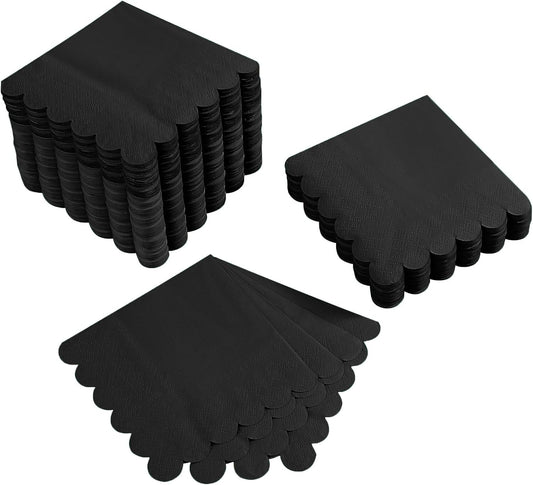 100 Pack Cocktail Napkin 2-Ply Scalloped Edged Dessert Napkins Folded 5 x 5 Inches Disposable Napkins for Dinner Wedding Birthday Party Bridal Anniversary Reception Event (Black)