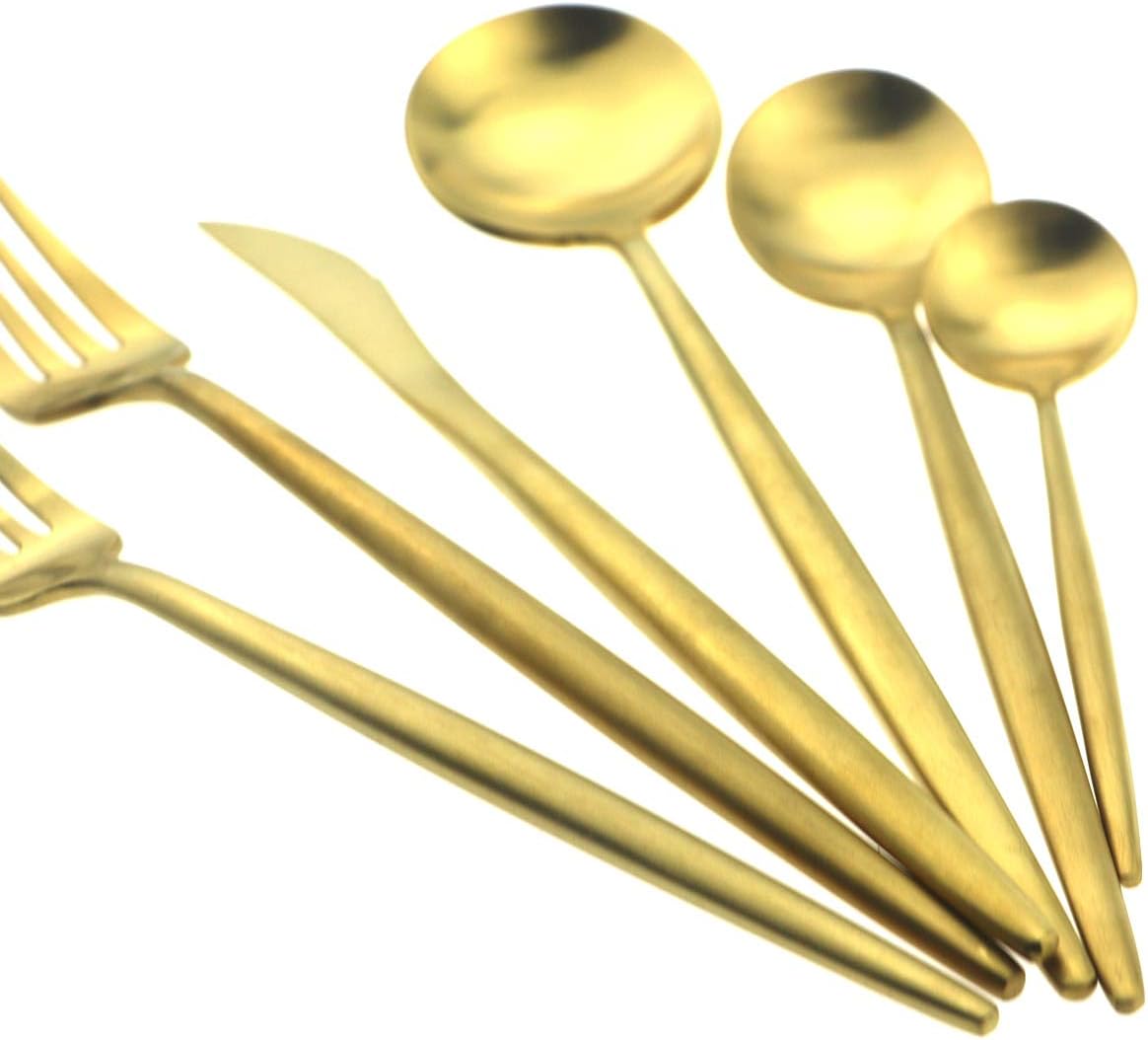 Gugrida Luxury Silverware Royal Cutlery Set - 24 Piece Flatware Set - Service For 4 18/10 Stainless Steel - Matte Gold Finish w/Drinking Straw