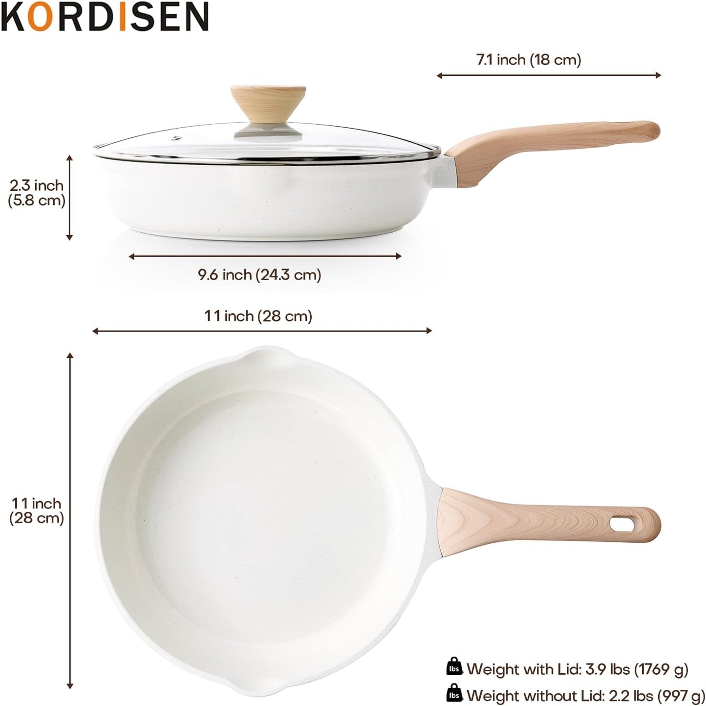 Kordisen Nonstick Ceramic Frying Pan with Lid, 11 Inch Ceramic Skillet with Lid, Healthy Non Toxic Cooking Pan, Stay-Cool Handle, Induction Compatible, PFOA & PFAS Free, White