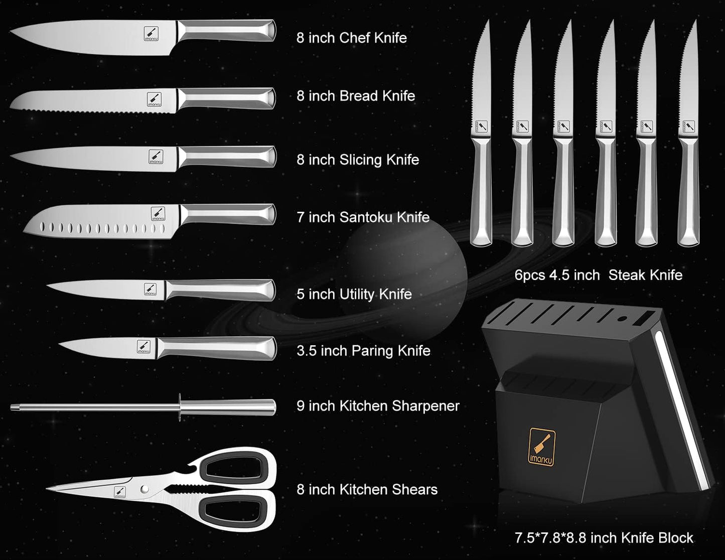 imarku® 15 PCS Kitchen Knife Set with Diamond Shaped Handle Dishwasher Safe Kitchen Knives Premium German High Carbon Stainless Steel Chef Knife Set, Father's Day Gifts