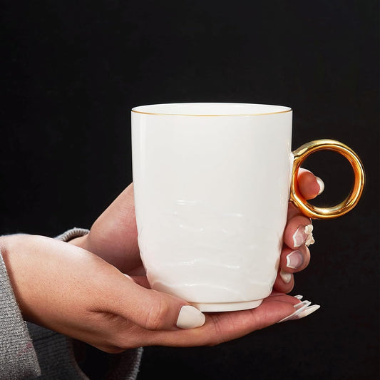 Chulan Upscale 12 oz Bone China Coffee Mug Set of 2, White Lightweight Fine Bone China Tea Cups with Gold Rim, Over 45% Bone Content Porcelain Ceramic Thin Mugs for Espresso Latte Mocha Freezer Safe