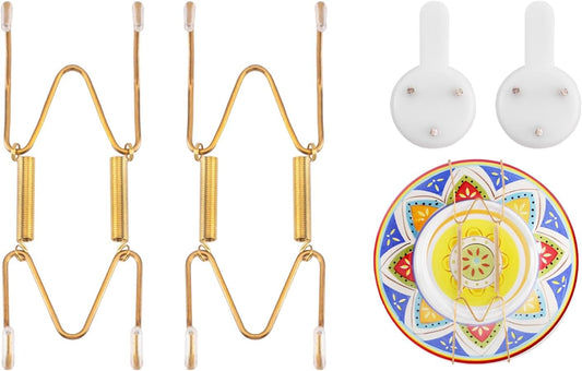 2 Pack Plate Hangers for The Wall Suitable for 4-5 inch Small Decorative Plate, Invisible Stainless Steel Plate Hangers for Display with Wall Hooks, for Plates/Platter/Dish/Picture(Gold)