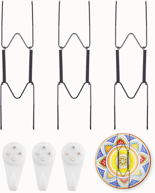 3 Pack Plate Hangers for The Wall Suitable for 8-10 inch Small Decorative Plate, Invisible Stainless Steel Plate Hangers for Display with Wall Hooks, for Plates/Platter/Dish/Picture(Black)