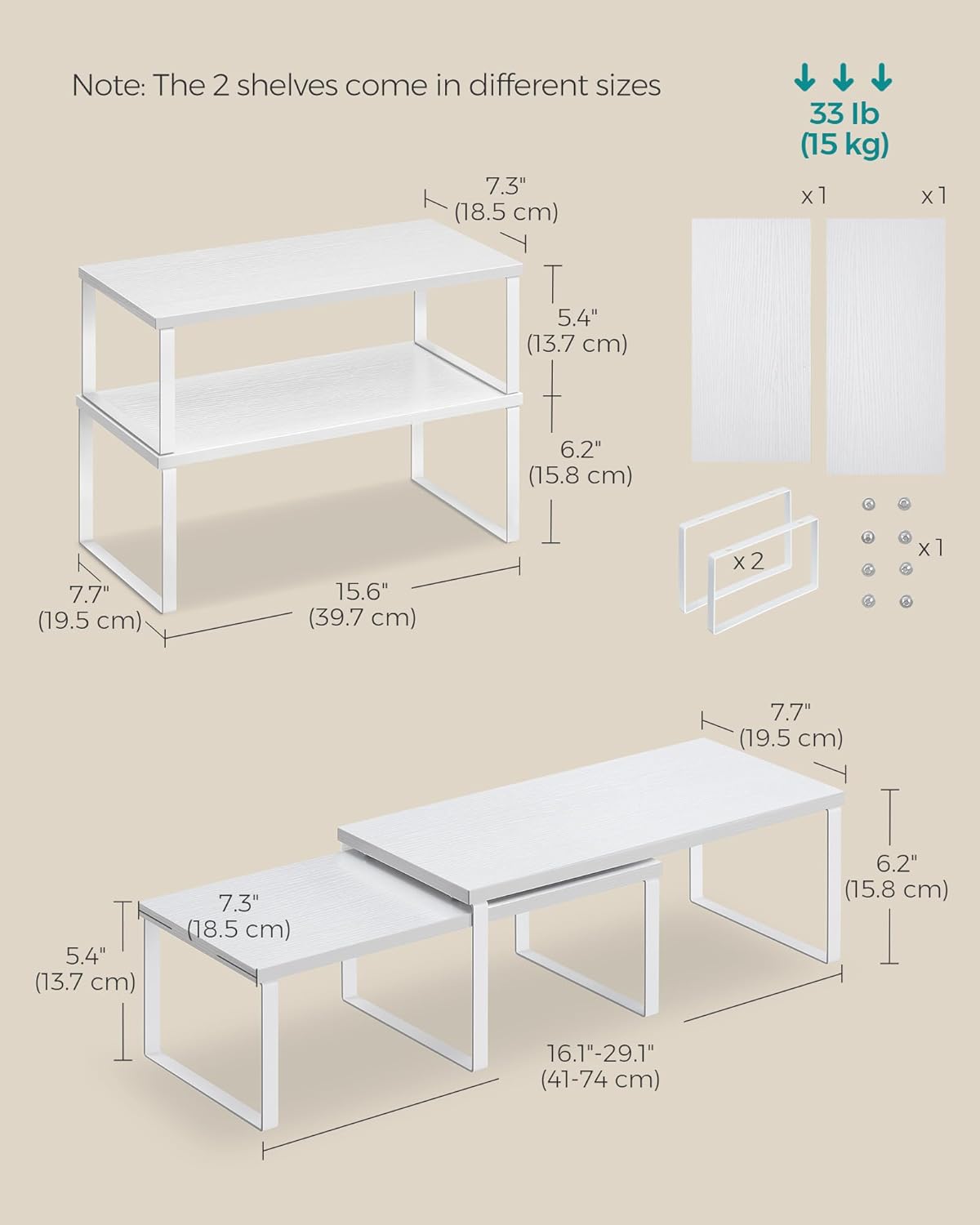 SONGMICS Cabinet Organizer Shelf, Set of 4 Kitchen Counter Shelves, Kitchen Storage, Spice Rack, Stackable, Expandable, Metal and Engineered Wood, Cloud White and Snow White UKCS028W01