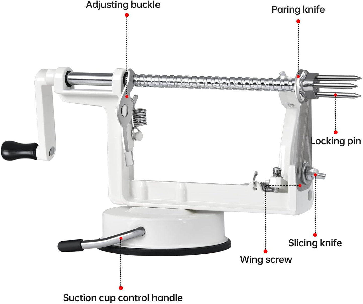 Apple Peeler Corer, Long lasting Chrome Cast Magnesium Alloy Apple Peeler Slicer Corer with Stainless Steel Blades and Powerful Suction Base for Apples and Potatoes(White)